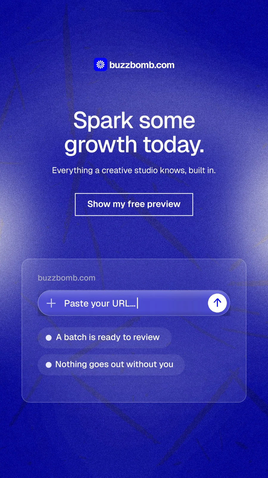 Instagram story for BuzzBomb: "Spark some growth today." Cyanotype style, centred layout, dark palette in blue.