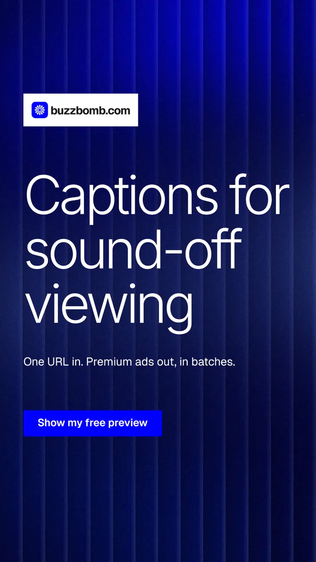 Instagram story for BuzzBomb: "Captions for sound-off viewing". Swiss style, announce layout, dark palette in blue.