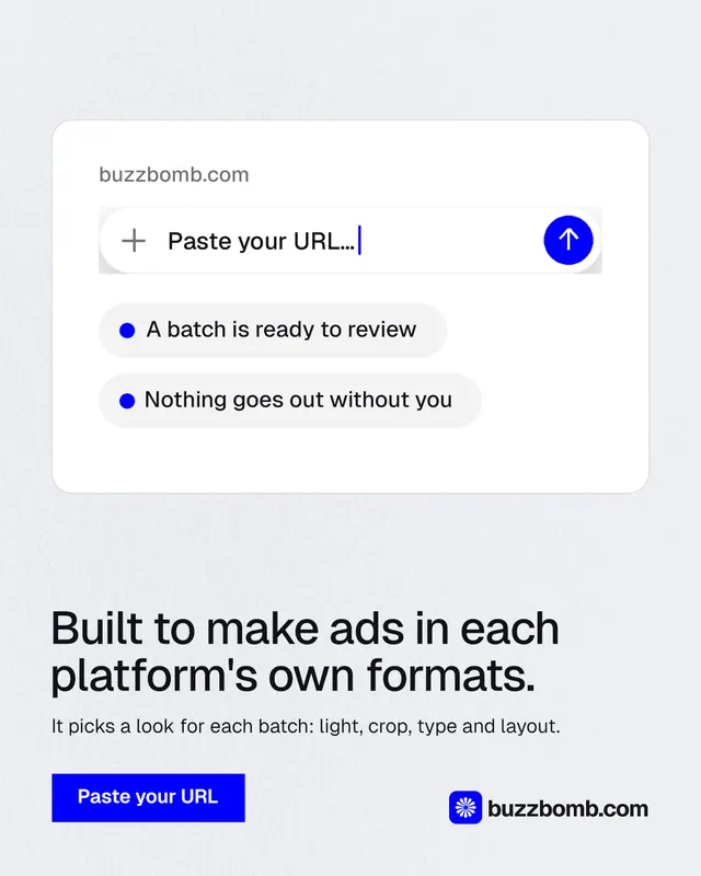 Instagram portrait post for BuzzBomb: "Built to make ads in each platform's own formats." Swiss style, bottom layout, light palette in white, blue.
