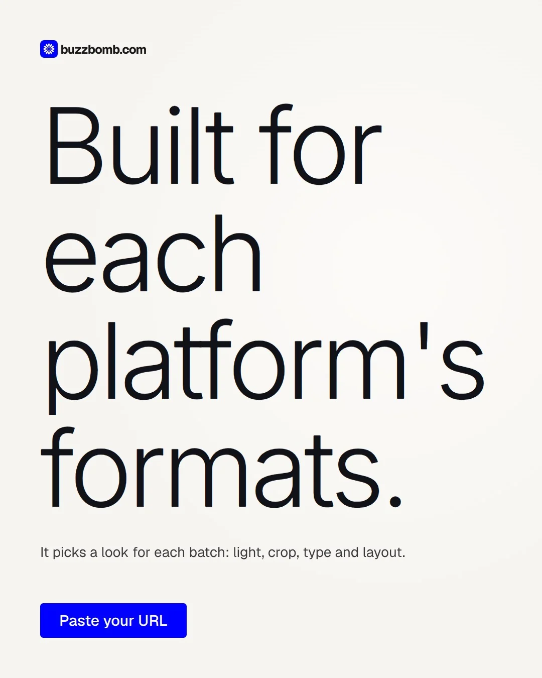 Video for BuzzBomb: "Built for each platform's formats.". Doc motion loop, 7.0 s, light palette.