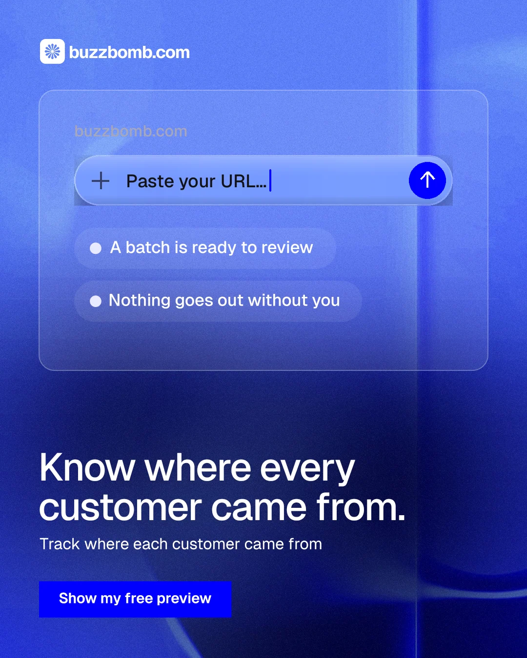Instagram portrait post for BuzzBomb: "Know where every customer came from." Swiss style, bottom layout, dark palette in blue.