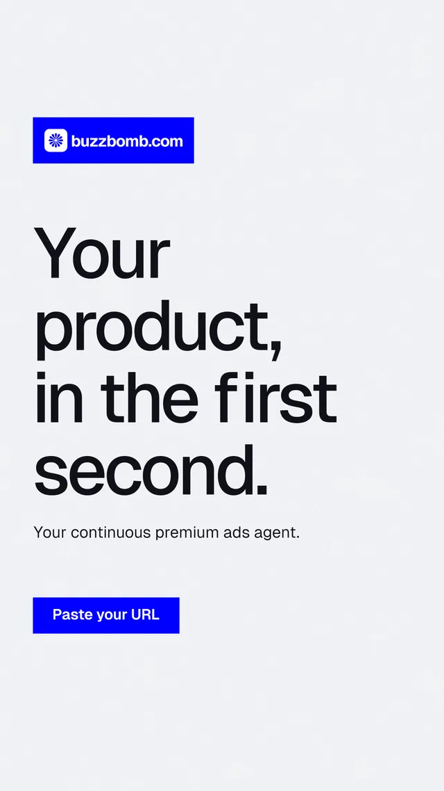 Instagram story for BuzzBomb: "Your product, in the first second." Swiss style, announce layout, light palette in white, blue.