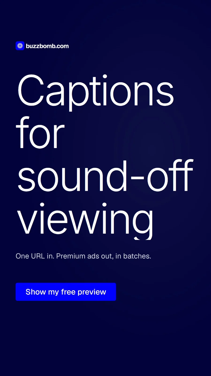 Video for BuzzBomb: "Captions for sound-off viewing". Doc motion loop, 7.0 s, dark palette.