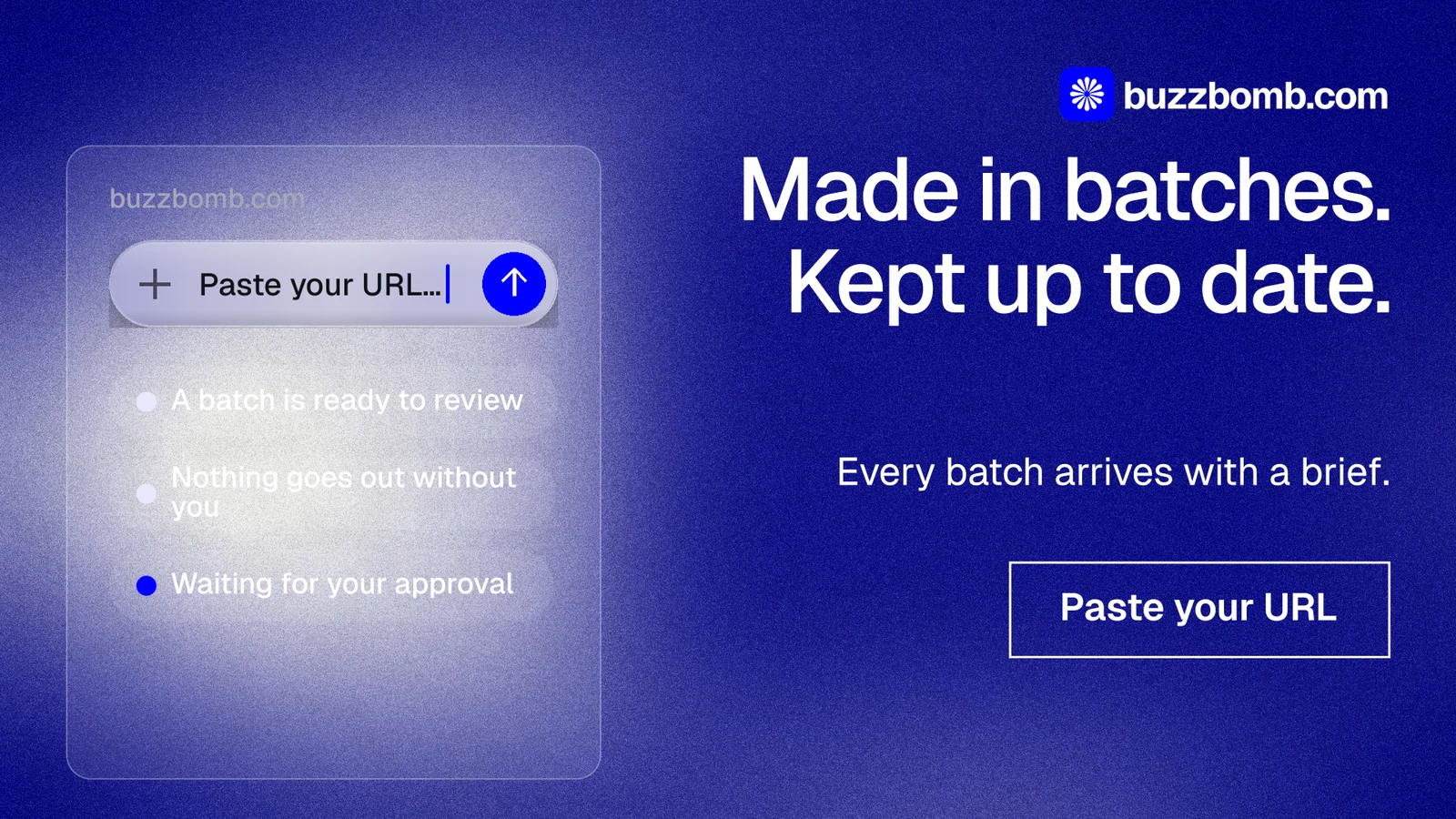 Landscape graphic for BuzzBomb: "Made in batches. Kept up to date." Cyanotype style, right layout, dark palette in blue.