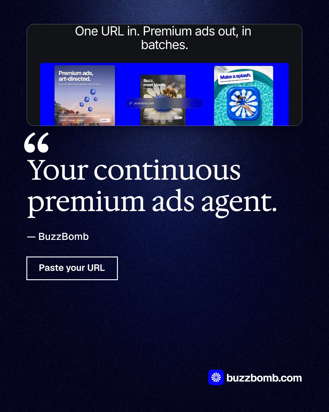 Instagram portrait post for BuzzBomb: "Your continuous premium ads agent." Dark deco style, quote layout, dark palette in black, blue, grey.