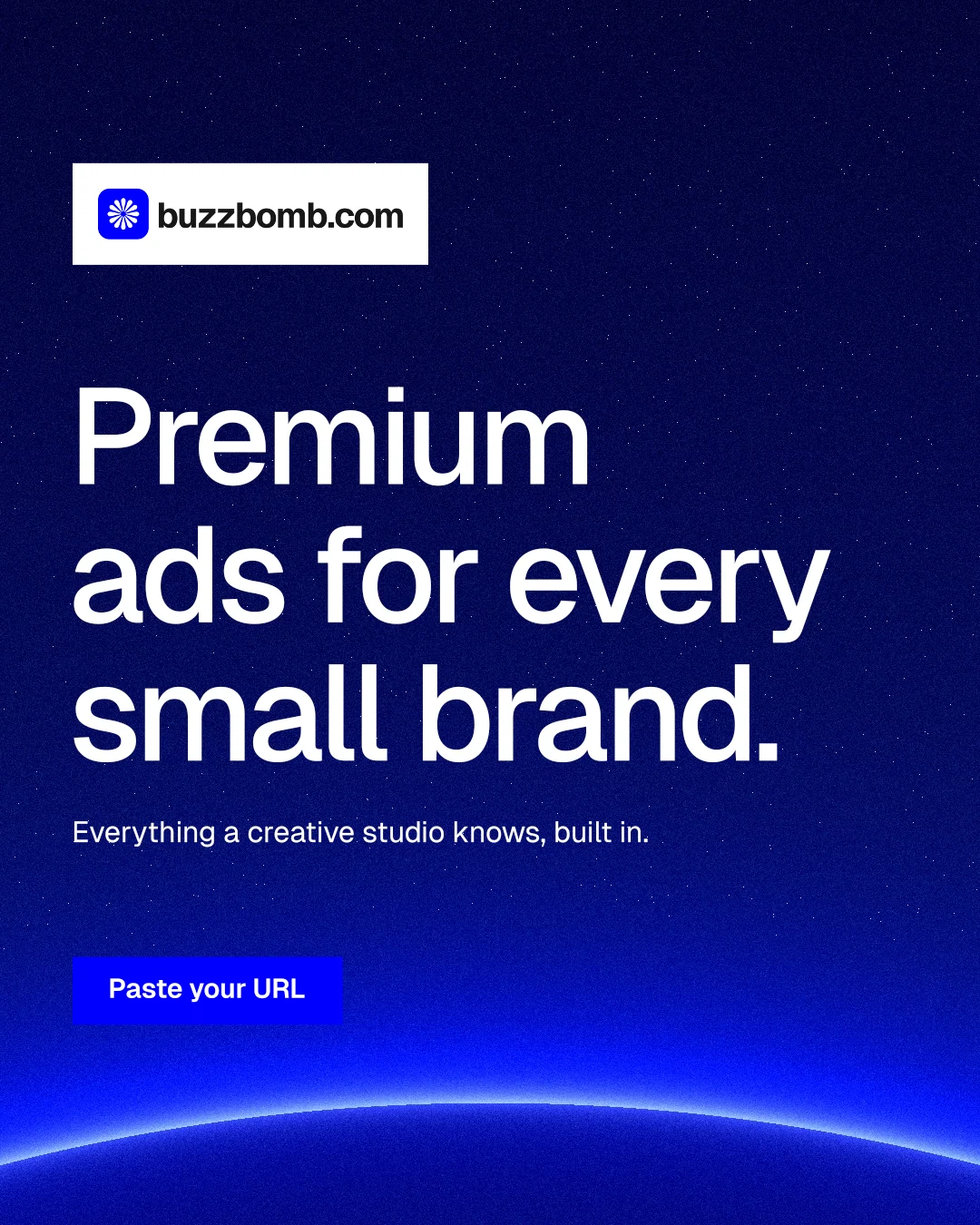 Instagram portrait post for BuzzBomb: "Premium ads for every small brand." Swiss style, announce layout, dark palette in blue.