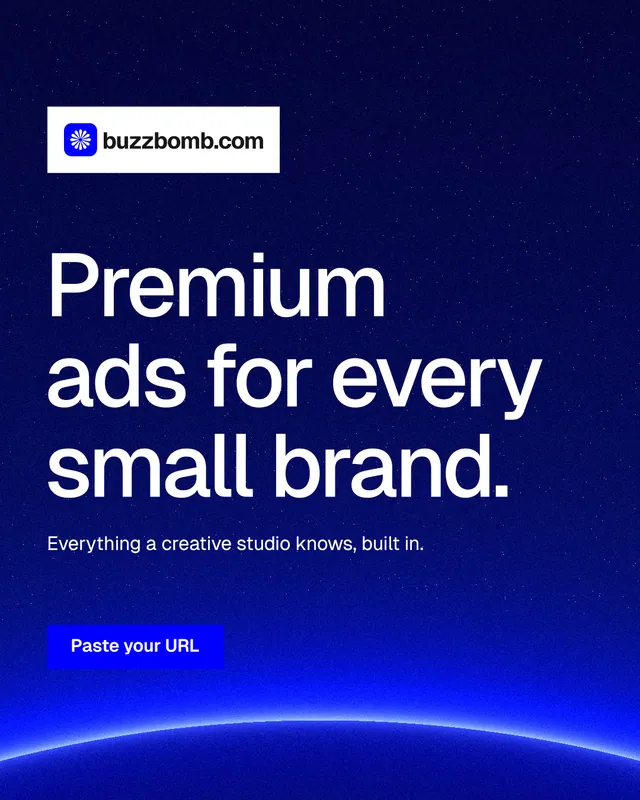 Instagram portrait post for BuzzBomb: "Premium ads for every small brand." Swiss style, announce layout, dark palette in blue.