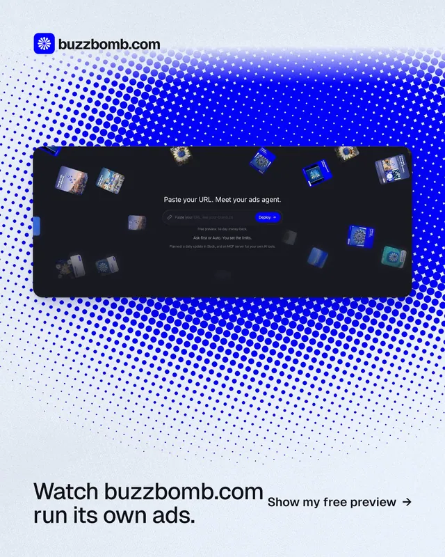 Instagram portrait post for BuzzBomb: "Watch buzzbomb.com run its own ads." Swiss style, image led layout, light palette in blue, white.