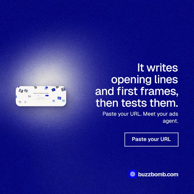 Instagram post for BuzzBomb: "It writes opening lines and first frames, then tests them." Cyanotype style, right layout, dark palette in blue.