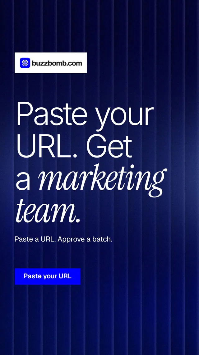 Instagram story for BuzzBomb: "Paste your URL. Get a marketing team." Swiss style, announce layout, dark palette in black, blue, grey.