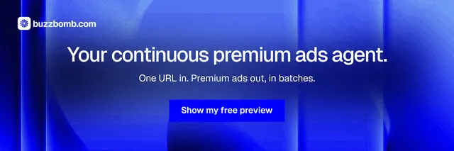 X header for BuzzBomb: "Your continuous premium ads agent." Swiss style, centred layout, dark palette in blue.
