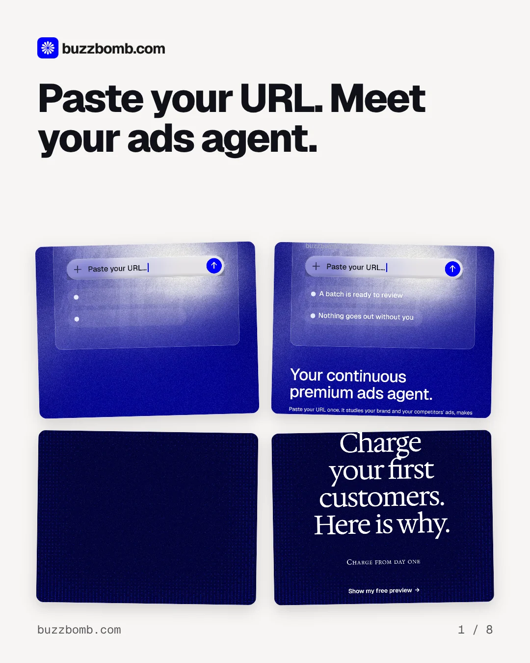 Carousel for BuzzBomb: "Paste your URL. Meet your ads agent.". Collection carousel, 8 slides, light palette.