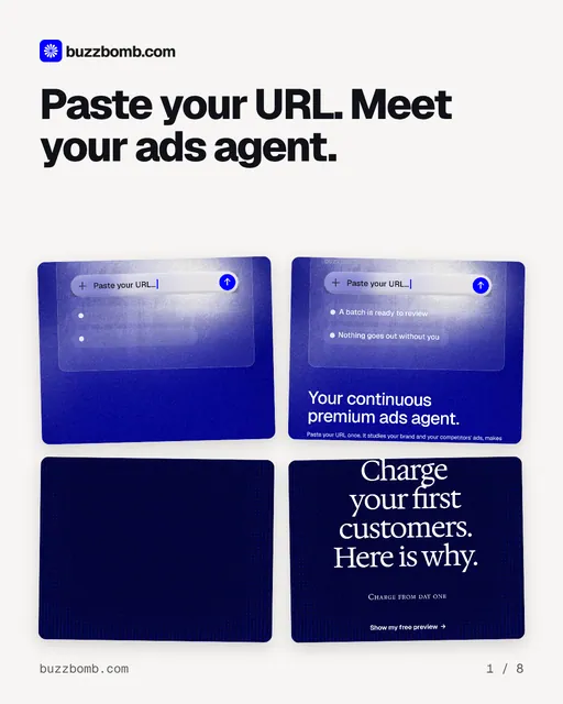 Carousel for BuzzBomb: "Paste your URL. Meet your ads agent.". Collection carousel, 8 slides, light palette.