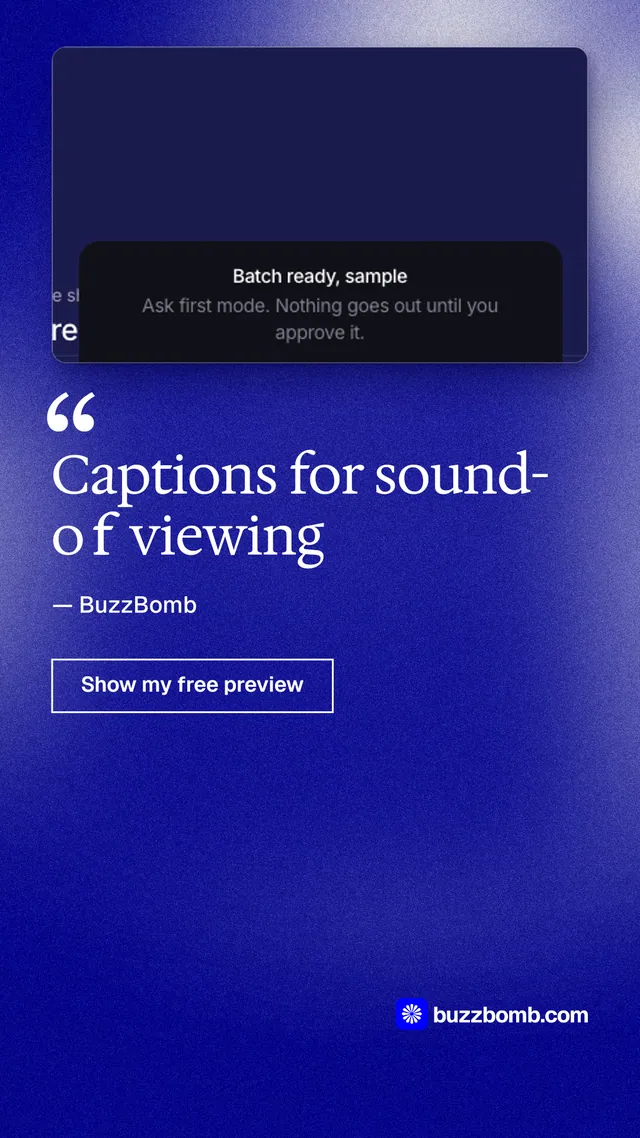 Instagram story for BuzzBomb: "Captions for sound-off viewing". Cyanotype style, quote layout, dark palette in blue.