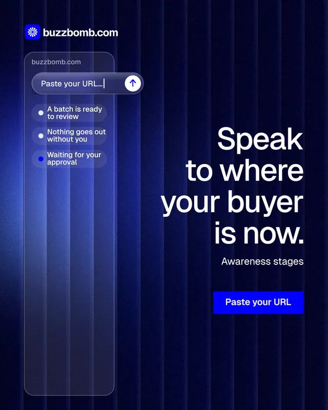 Instagram portrait post for BuzzBomb: "Speak to where your buyer is now." Swiss style, right layout, dark palette in black, blue.