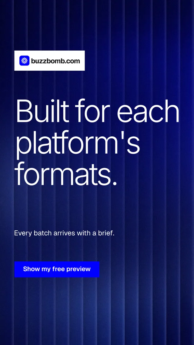 Instagram story for BuzzBomb: "Built for each platform's formats." Swiss style, announce layout, dark palette in blue.