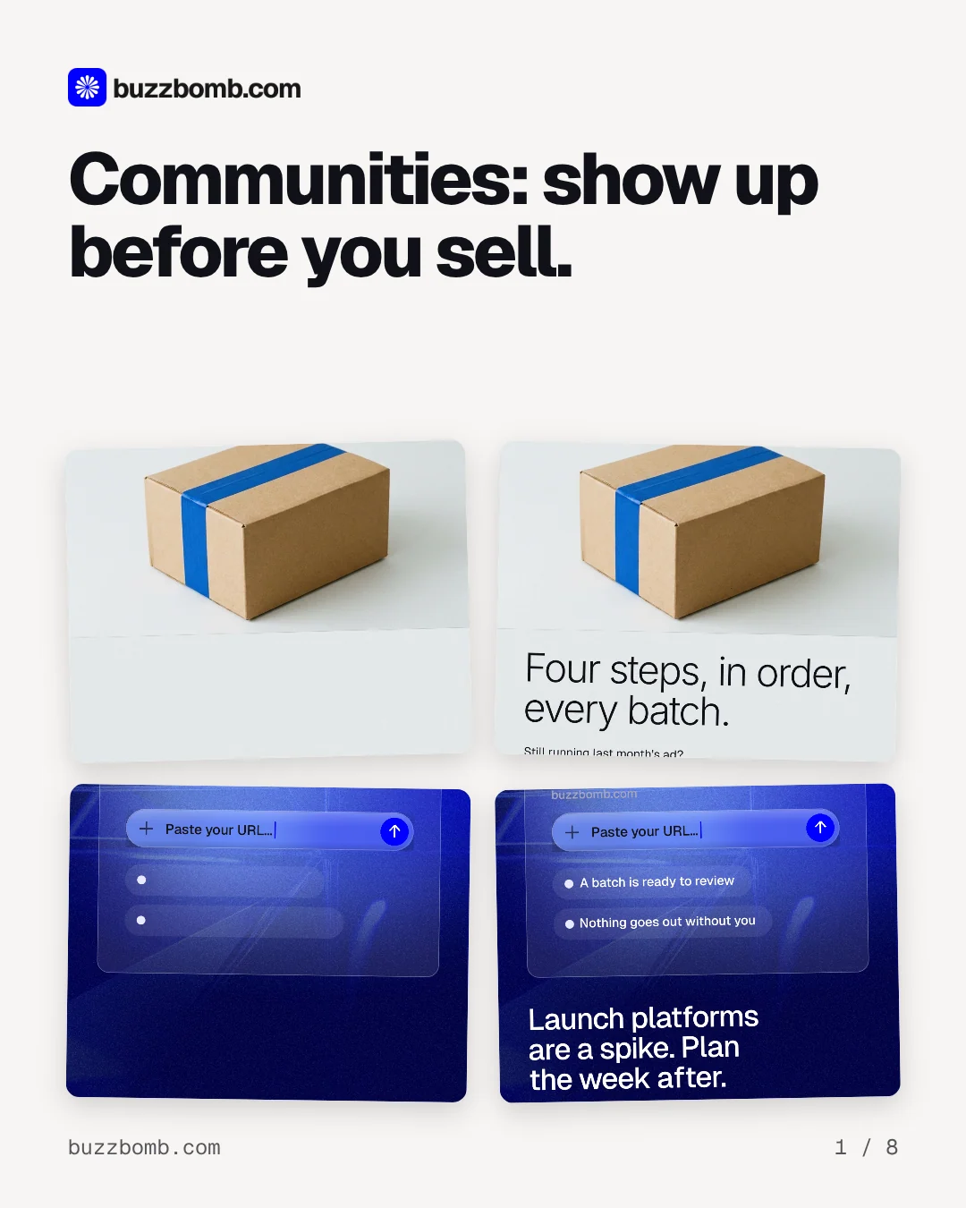 Carousel for BuzzBomb: "Communities: show up before you sell.". Collection carousel, 8 slides, light palette.