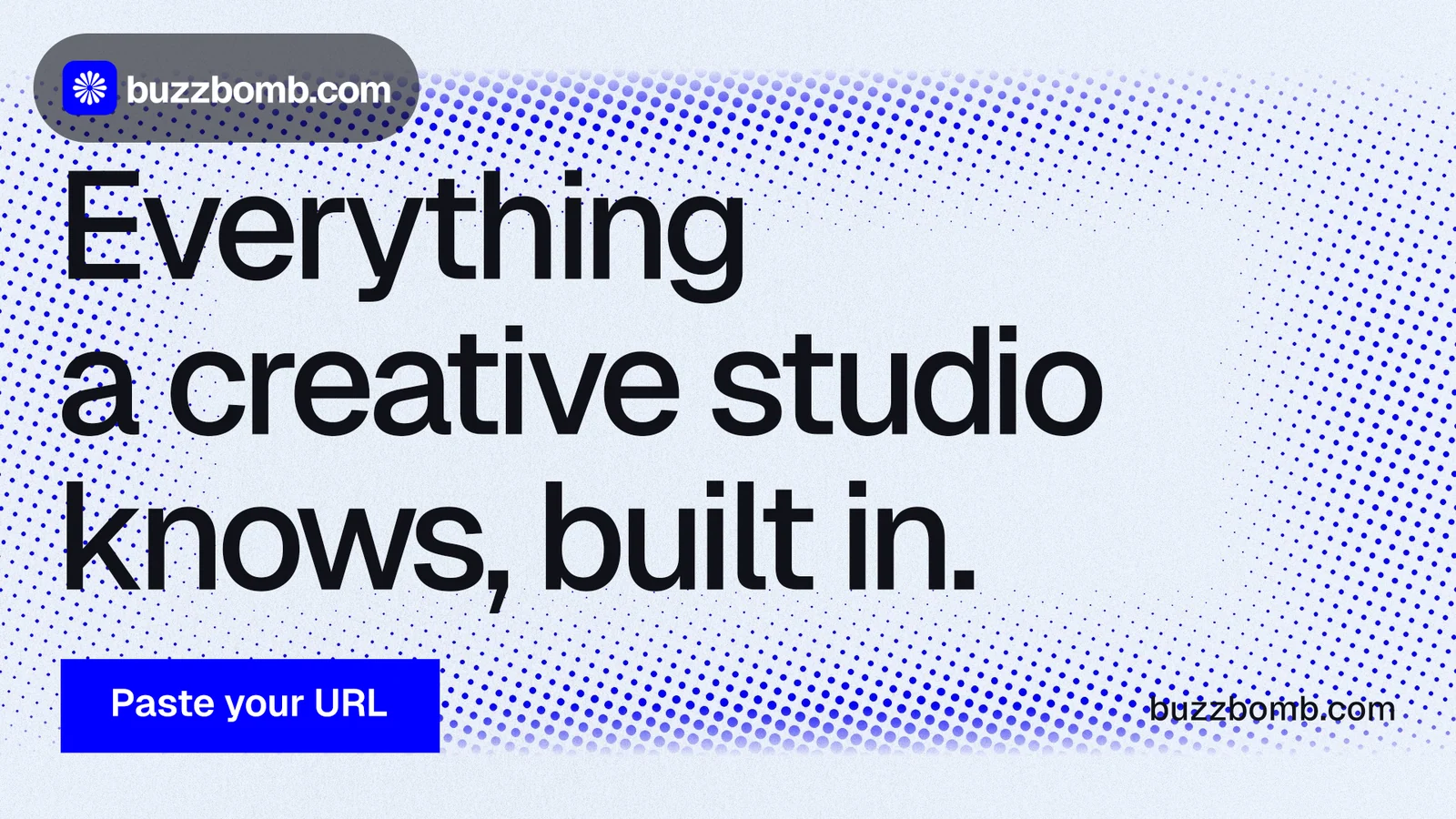 Landscape graphic for BuzzBomb: "Everything a creative studio knows, built in." Swiss style, poster layout, light palette in blue, white.