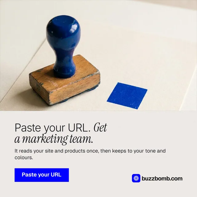 Instagram post for BuzzBomb: "Paste your URL. Get a marketing team." Swiss style, bottom layout, light palette in orange, white, grey.