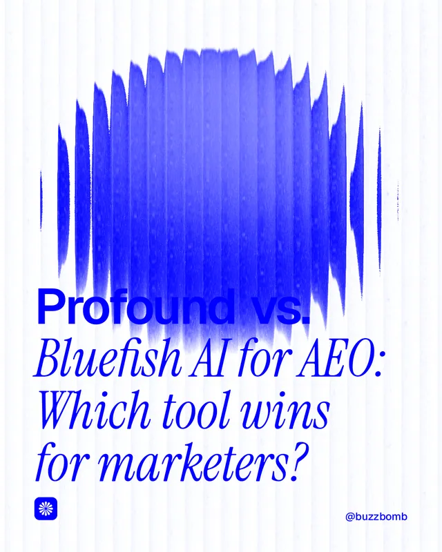 Instagram portrait post for BuzzBomb: "Profound vs. Bluefish AI for AEO: Which tool wins for marketers?" Auto 4x5 style, technique:shader field layout, light palette in blue, white.