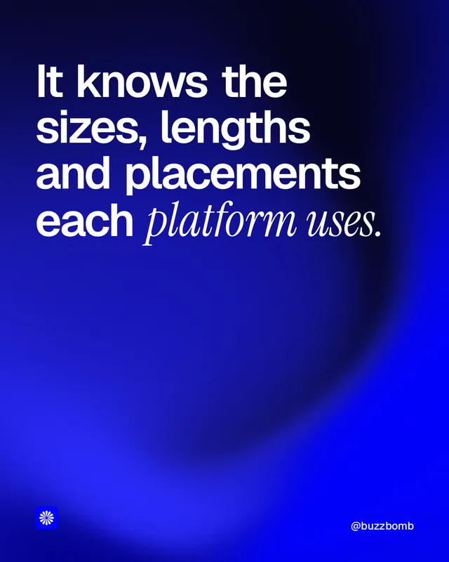 Instagram portrait post for BuzzBomb: "It knows the sizes, lengths and placements each platform uses." Auto 4x5 style, technique:shader field layout, dark palette in blue.