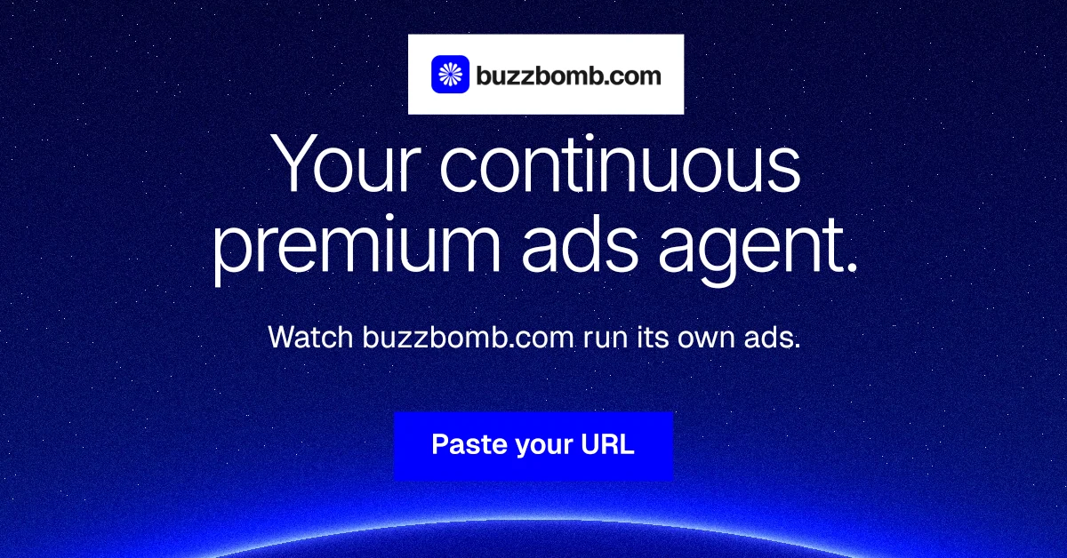 Social ad for BuzzBomb: "Your continuous premium ads agent." Swiss style, centred layout, dark palette in blue.