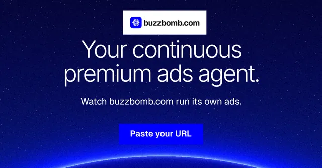 Social ad for BuzzBomb: "Your continuous premium ads agent." Swiss style, centred layout, dark palette in blue.