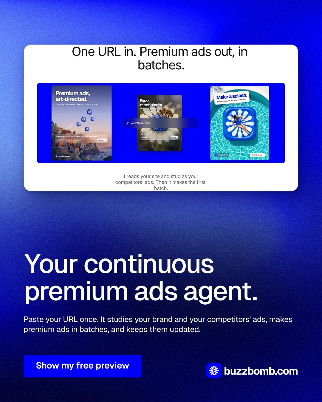 Instagram portrait post for BuzzBomb: "Your continuous premium ads agent." Swiss style, bottom layout, dark palette in blue.