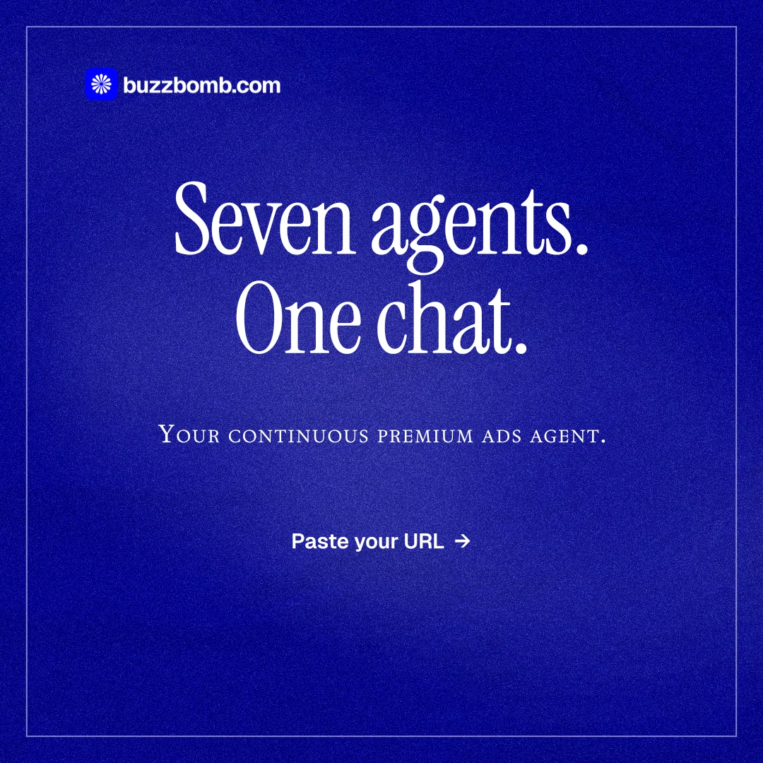 Instagram post for BuzzBomb: "Seven agents. One chat." Editorial style, smallcaps layout, dark palette in blue.