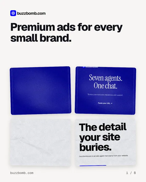 Carousel for BuzzBomb: "Premium ads for every small brand.". Collection carousel, 8 slides, light palette.