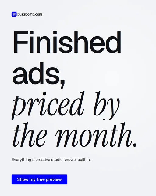 Video for BuzzBomb: "Finished ads, priced by the month.". Doc motion loop, 7.0 s, light palette.