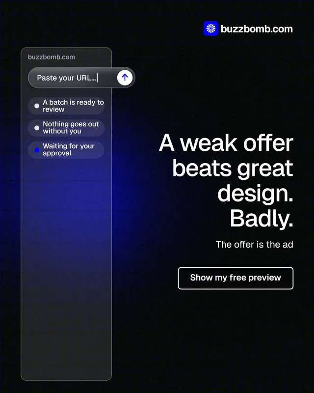 Instagram portrait post for BuzzBomb: "A weak offer beats great design. Badly." Phosphor atlas style, right layout, dark palette in black, blue, grey.