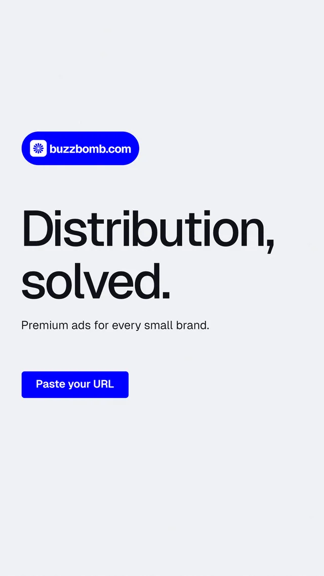 Instagram story for BuzzBomb: "Distribution, solved." Data card style, announce layout, light palette in white, blue.