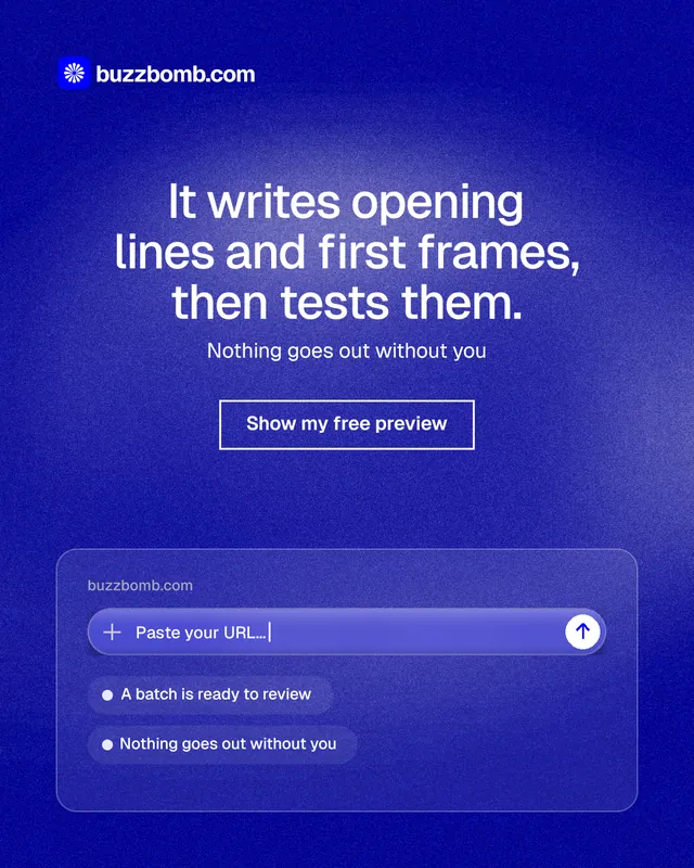 Instagram portrait post for BuzzBomb: "It writes opening lines and first frames, then tests them." Cyanotype style, centred layout, dark palette in blue.