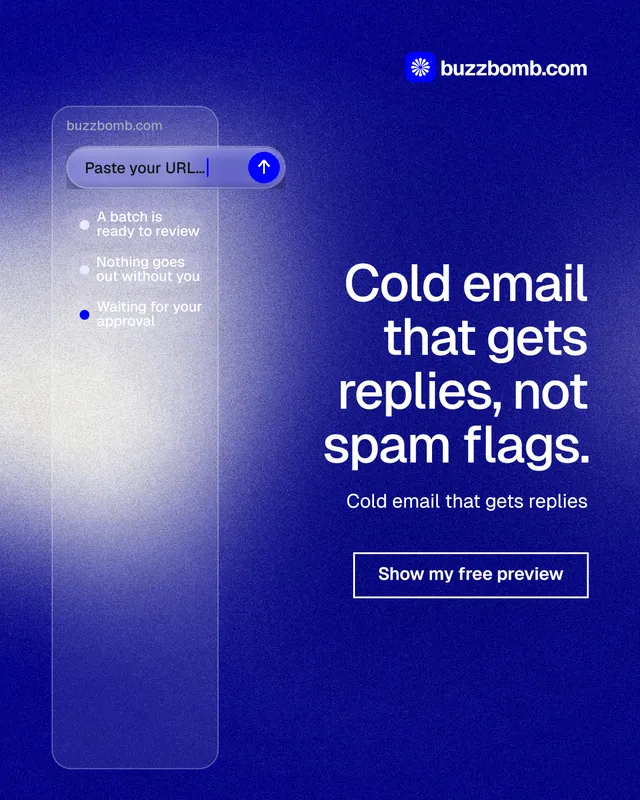 Instagram portrait post for BuzzBomb: "Cold email that gets replies, not spam flags." Cyanotype style, right layout, dark palette in blue.