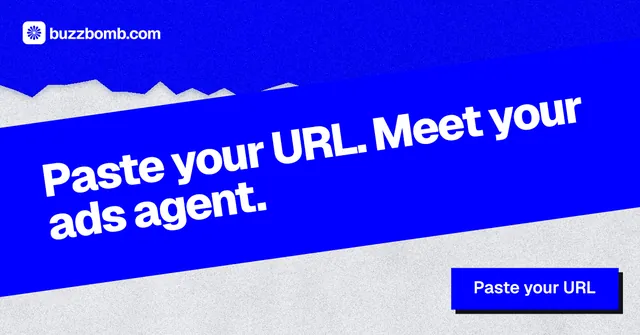 Social ad for BuzzBomb: "Paste your URL. Meet your ads agent." Paper trio style, diagonal layout, dark palette in blue.