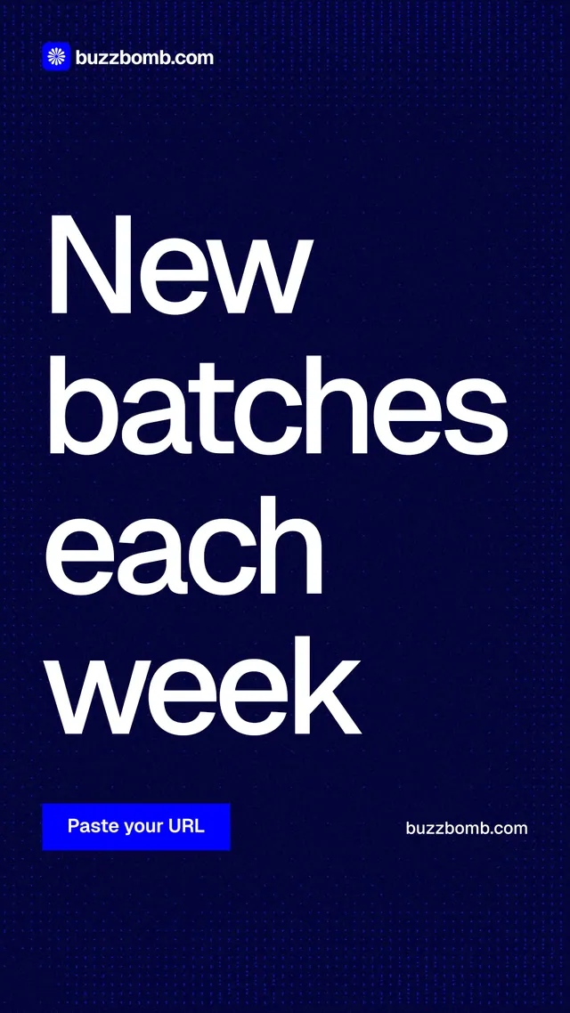 Instagram story for BuzzBomb: "New batches each week". Swiss style, poster layout, dark palette in blue, grey.