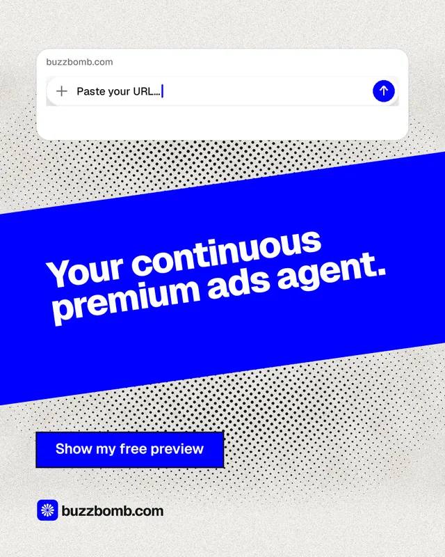 Instagram portrait post for BuzzBomb: "Your continuous premium ads agent." Ink sticker style, diagonal layout, light palette in blue, white.