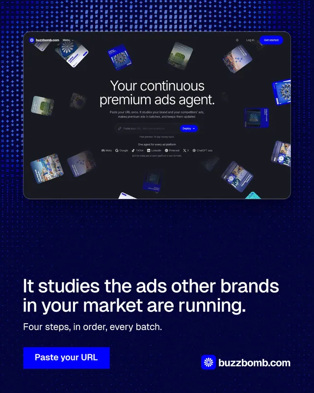 Instagram portrait post for BuzzBomb: "It studies the ads other brands in your market are running." Swiss style, bottom layout, dark palette in blue, black.