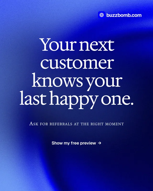 Instagram portrait post for BuzzBomb: "Your next customer knows your last happy one." Swiss style, smallcaps layout, dark palette in blue.
