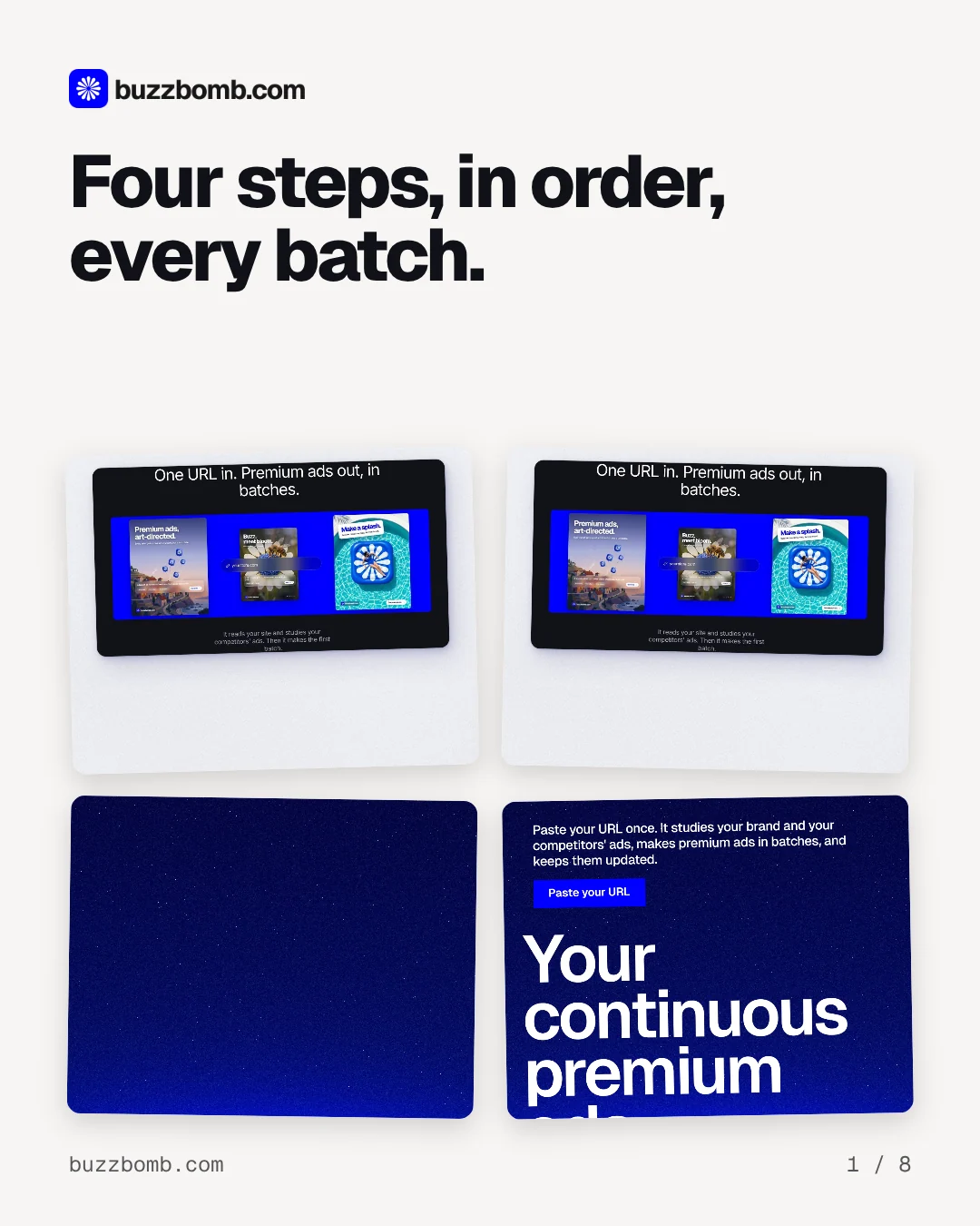 Carousel for BuzzBomb: "Four steps, in order, every batch.". Collection carousel, 8 slides, light palette.
