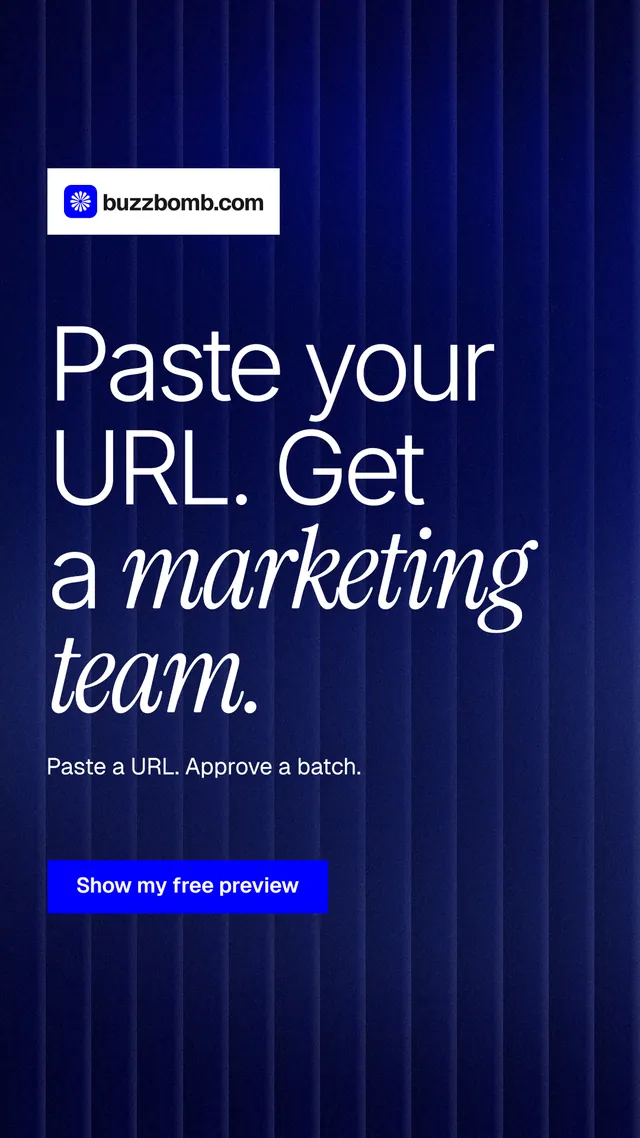 Instagram story for BuzzBomb: "Paste your URL. Get a marketing team." Swiss style, announce layout, dark palette in blue, grey.
