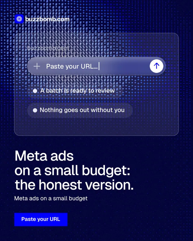 Instagram portrait post for BuzzBomb: "Meta ads on a small budget: the honest version." Swiss style, bottom layout, dark palette in blue, black.