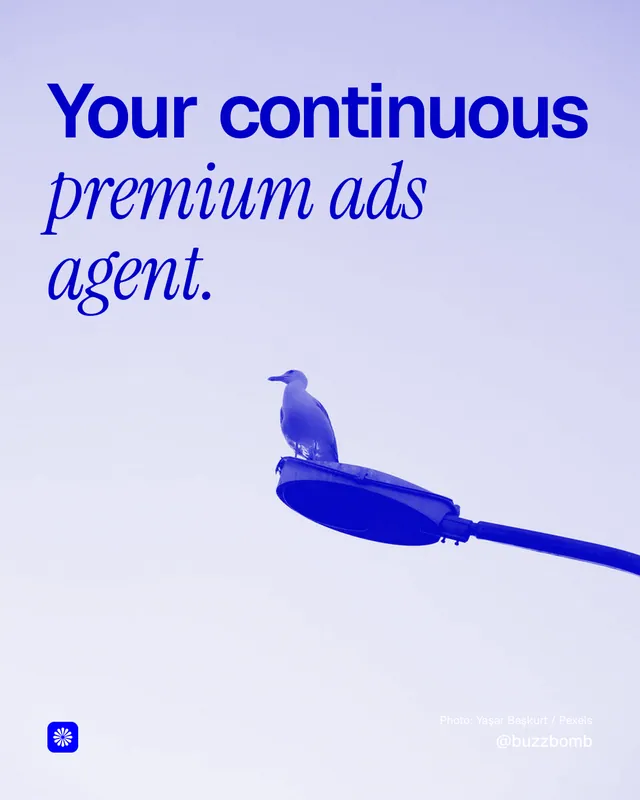 Instagram portrait post for BuzzBomb: "Your continuous premium ads agent." Duotone style, technique:pexels ingredient layout, light palette in blue, white.