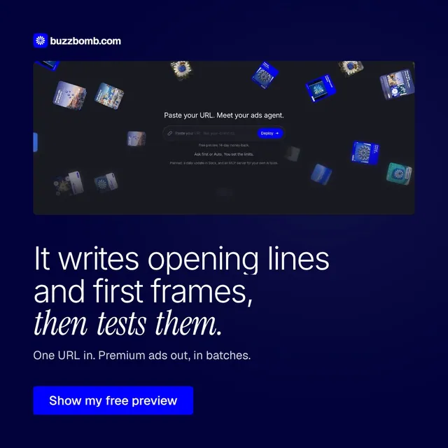 Video for BuzzBomb: "It writes opening lines and first frames, then tests them.". Doc motion loop, 7.0 s, dark palette.
