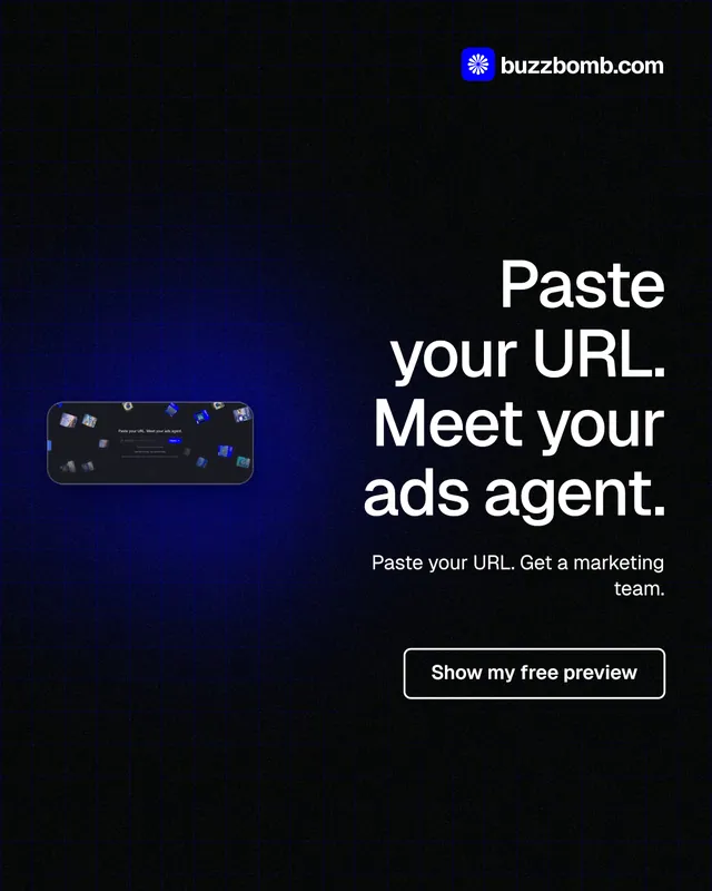 Instagram portrait post for BuzzBomb: "Paste your URL. Meet your ads agent." Phosphor atlas style, right layout, dark palette in black.