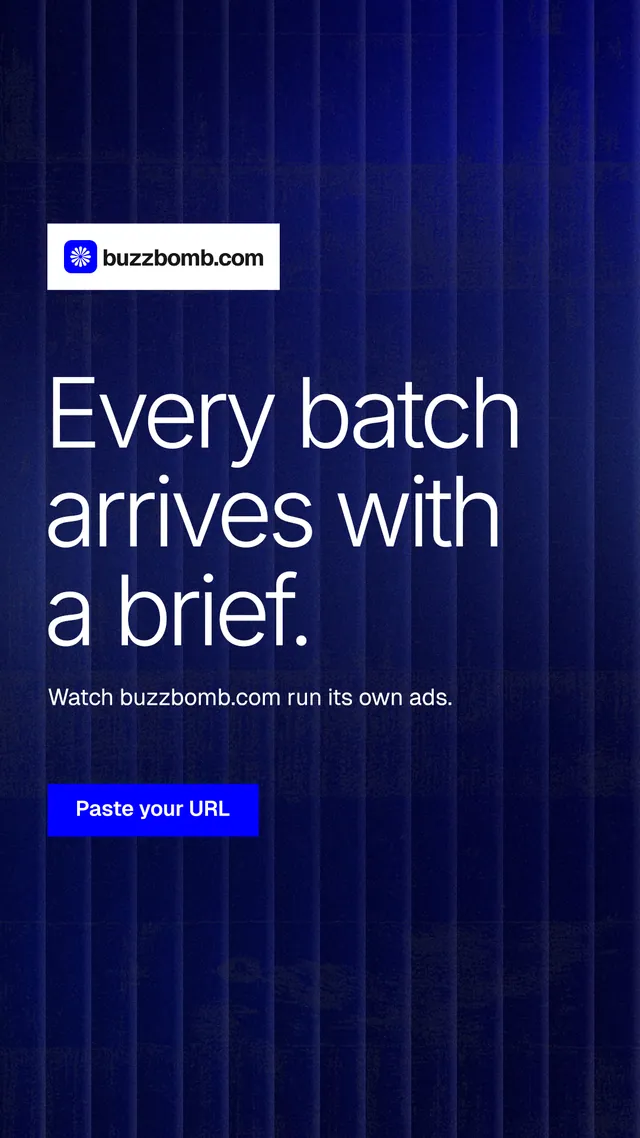 Instagram story for BuzzBomb: "Every batch arrives with a brief." Swiss style, announce layout, dark palette in black, blue, grey.