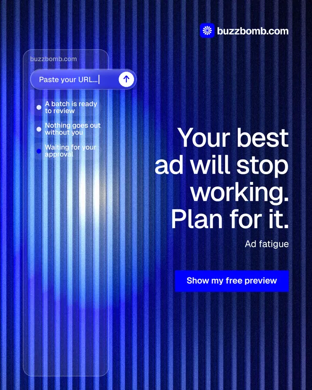 Instagram portrait post for BuzzBomb: "Your best ad will stop working. Plan for it." Swiss style, right layout, dark palette in blue.