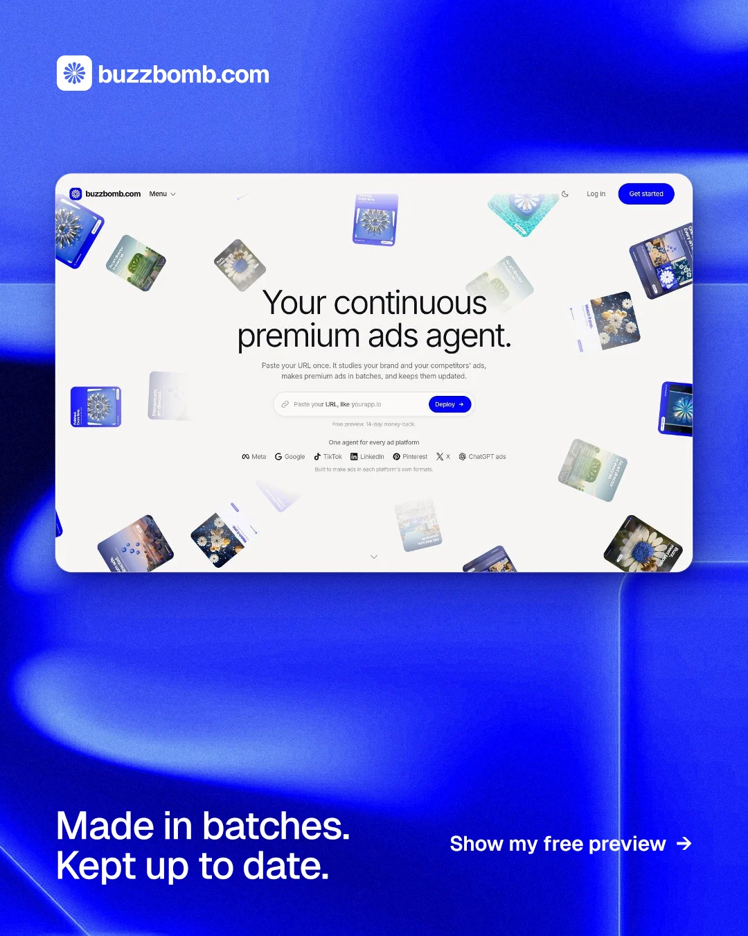 Instagram portrait post for BuzzBomb: "Made in batches. Kept up to date." Swiss style, image led layout, light palette in white, blue.