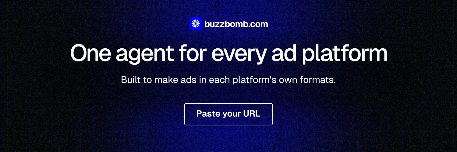 X header for BuzzBomb: "One agent for every ad platform". Phosphor atlas style, centred layout, dark palette in black, blue.